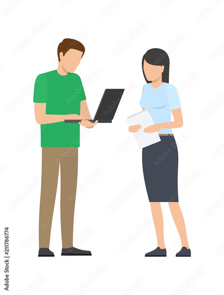 Man and Woman Discussing Details of Project Work Man and Woman Discussing Details of Project Work