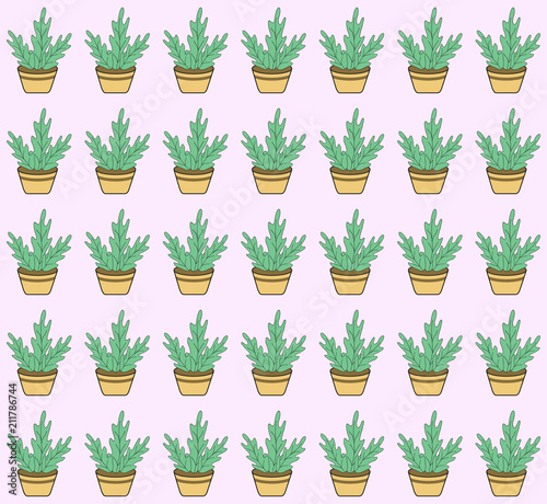 Seamless pattern with green hand drawn leaves in pots on the pink background. Modern graphic for t-shirt print, packaging, fabric, gift wrap, art. Hand drawn textures