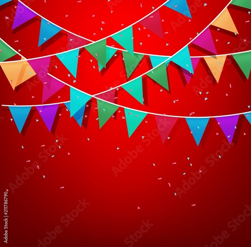 Festive background with Colorful Party Flags with Confetti on red background
