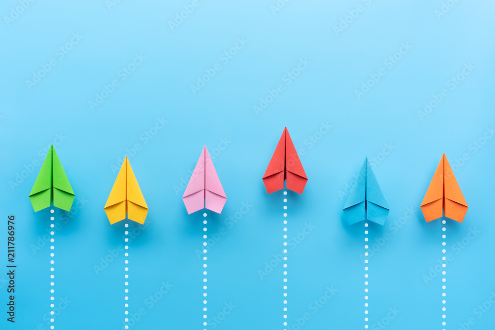 Paper plane on blue background, Business competition concept. - obrazy, fototapety, plakaty 