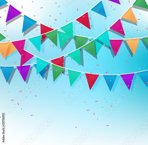 Festive background with Colorful Party Flags with Confetti on blue sky background