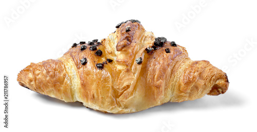 Fototapeta Naklejka Na Ścianę i Meble -  Delicious french chocolate croissant or butter croissant with chocolate filling and  chocolate crumbles. Fresh croissant, top view, isolated on white background.