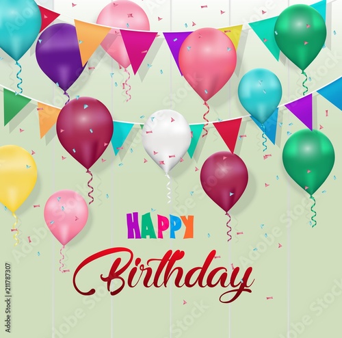Happy Birthday Background with Colorful Balloons and Flags