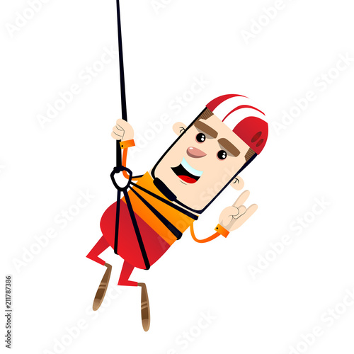 Boy ziplining. Vector cartoon character illustration.