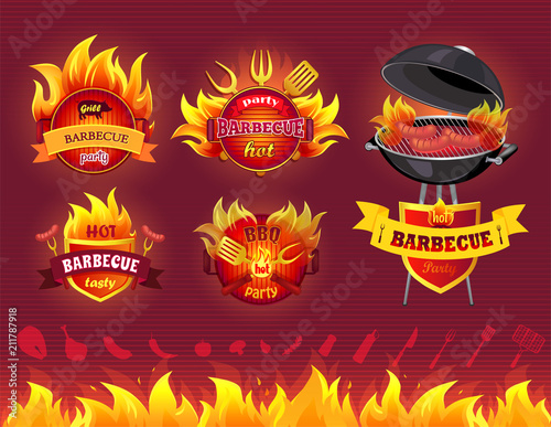 Tasty Hot Barbecue, Grill Party, Set of Icons