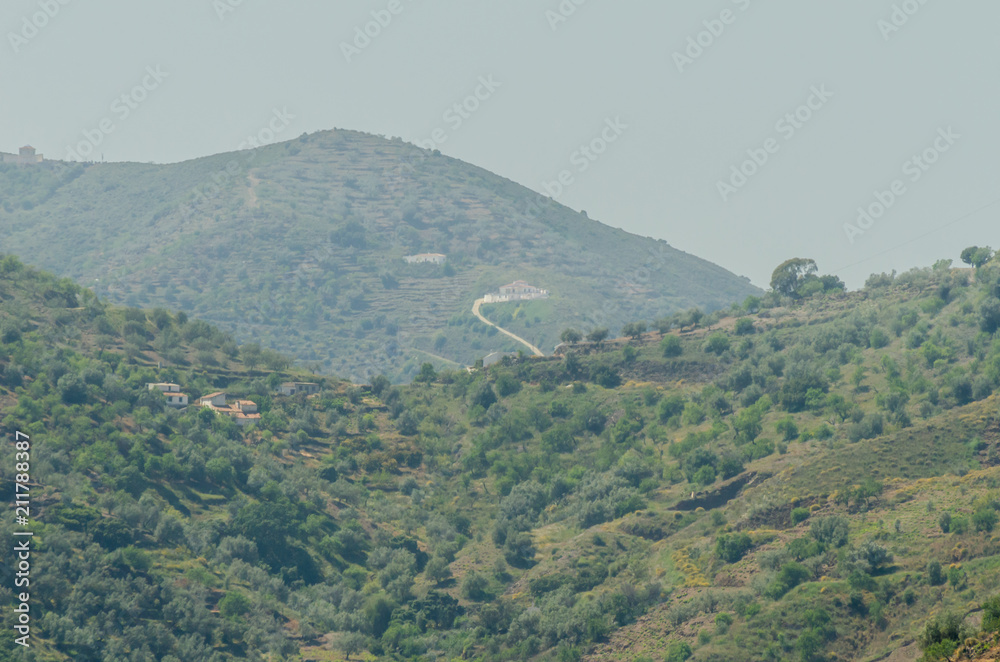 Naklejka premium typical spanish village houses and farmland in the hills of andalusia