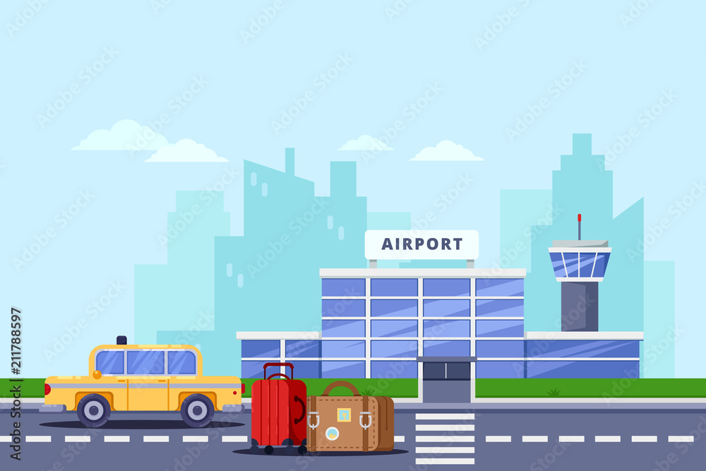 Obraz premium Airport terminal building, luggage bags and yellow cab, vector flat illustration. Taxi service and transfer concept.