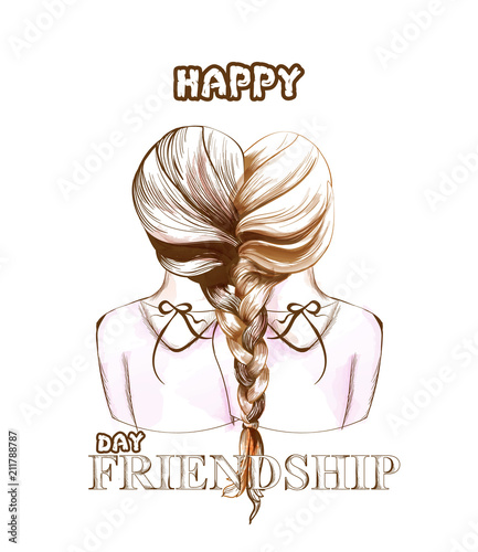 Happy Friendship day card Vector. Two girls united by hair braiding