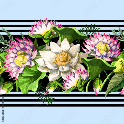 Border with waterlily hand draw. Vector illustration.