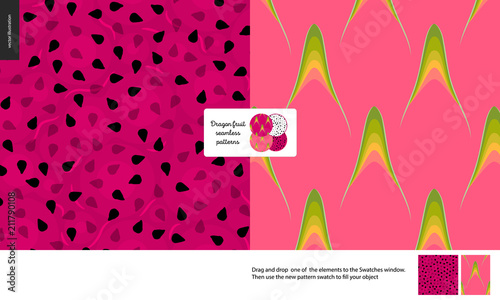 Food patterns, summer - fruit, dragonfruit texture, tiny half of dragon fruit image in center - two seamless patterns of purple dragonfruit rind with little green thorns and purple pulp, black seeds