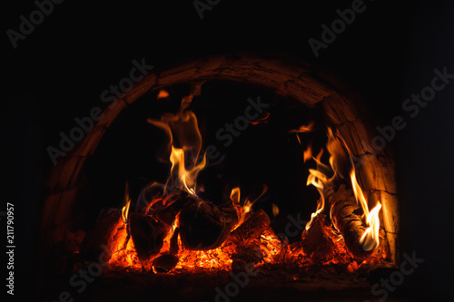 Oven with burning fire. Close-up, Background