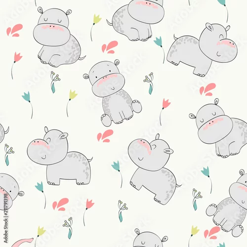 Tapety wzór z hipopotamami wśród kwiatków