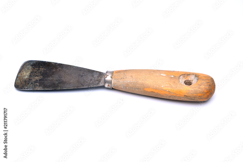 old construction metal spatula with wooden handle old construction metal spatula with wooden handle