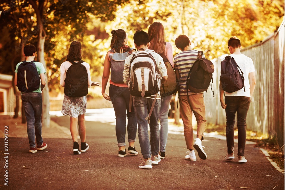 Rear view of school kids walking on road in campus - obrazy, fototapety, plakaty 