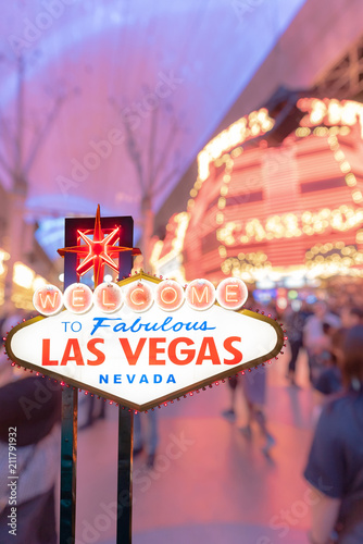 Famous Las Vegas sign with blur cityscape