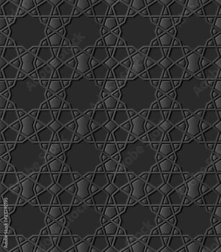 3D dark paper art Islamic geometry cross pattern seamless background