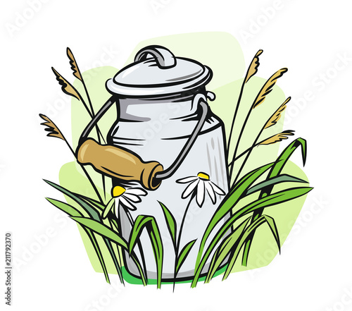 Milk cans with grass