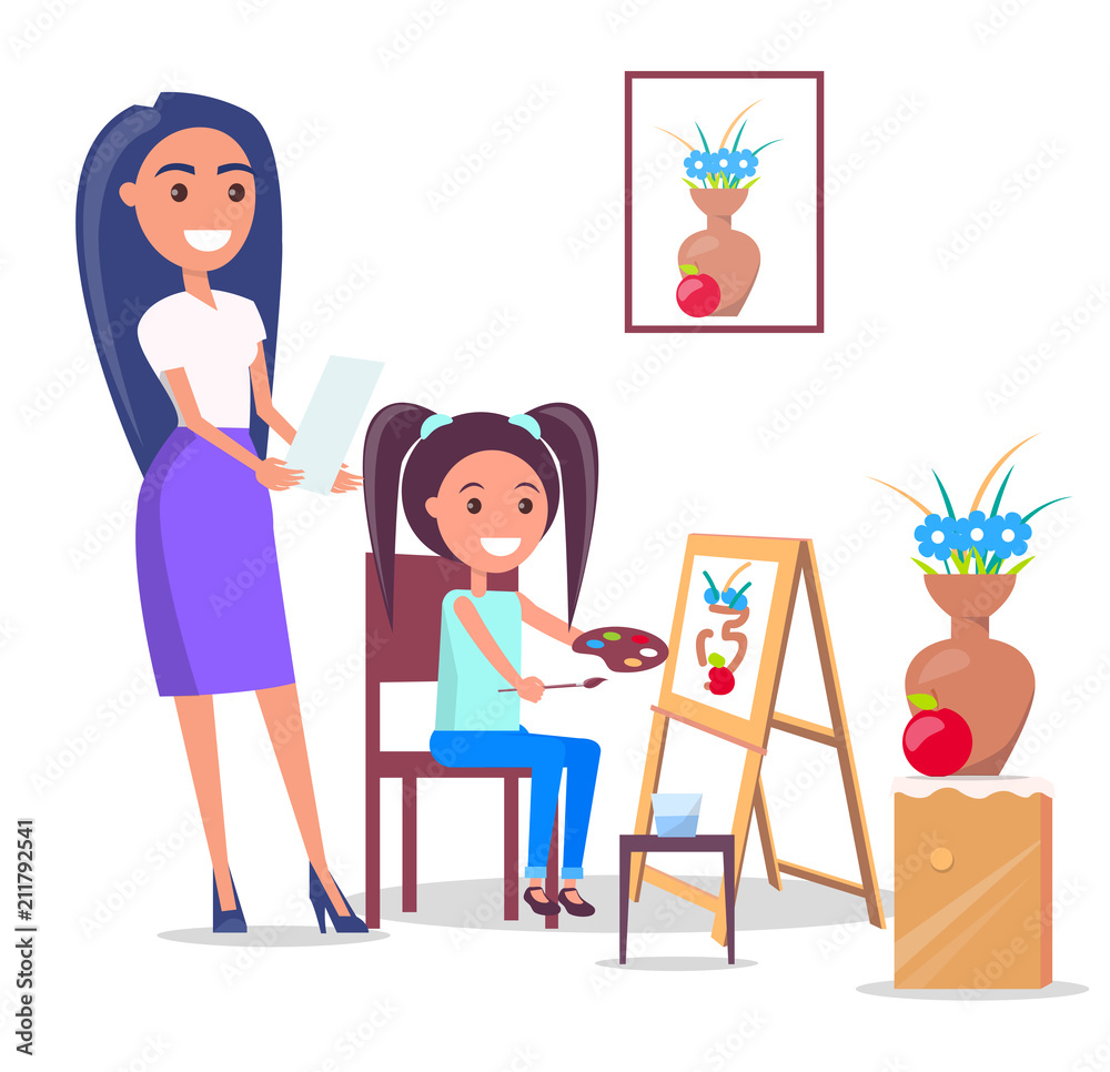 Teacher and Pupil in Arts Class in Flat Design Teacher and Pupil in Arts Class in Flat Design