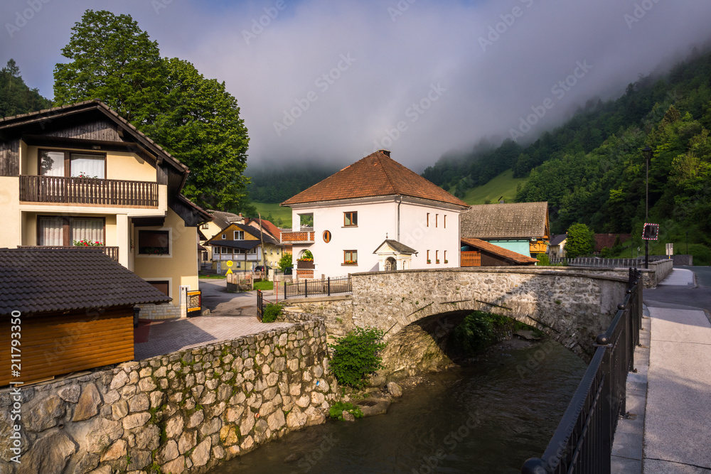 Stone bridge in small mountain town Zelezniki in Carniola region, Slovenia .