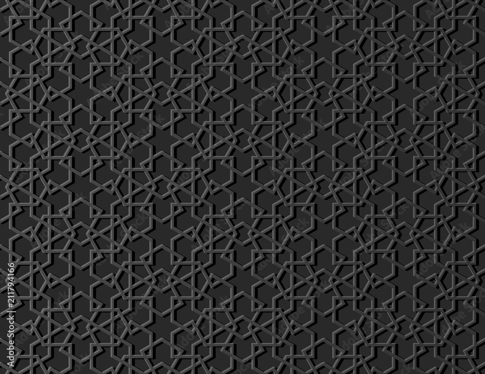3D dark paper art Islamic geometry cross pattern seamless background 3D dark paper art Islamic geometry cross pattern seamless background