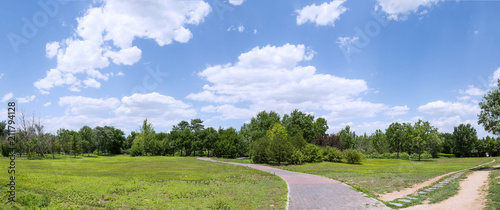 Panorama spring landscape with green grass and clouds