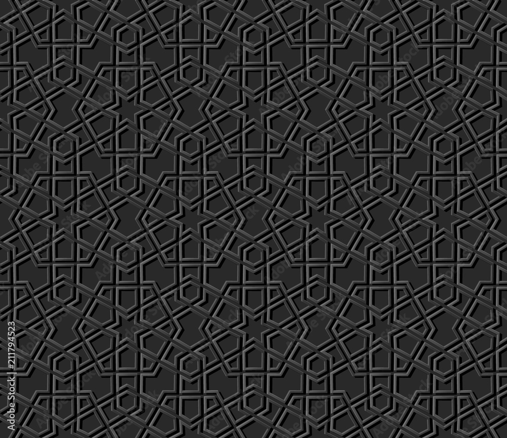 3D dark paper art Islamic geometry cross pattern seamless background 3D dark paper art Islamic geometry cross pattern seamless background