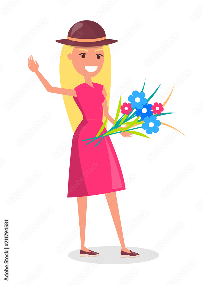 Happy Smiling Woman in Hat with Bouquet of Flowers