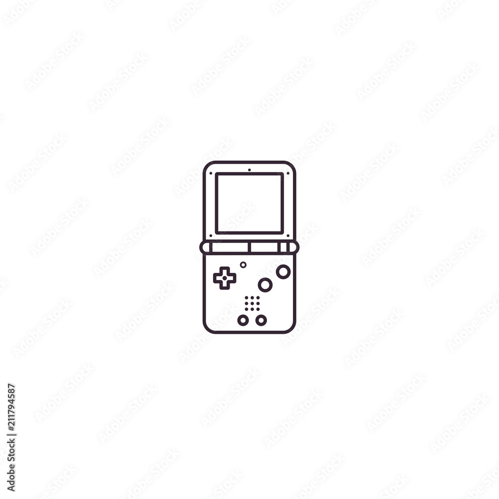 Handheld portable retro game console - flat line icon, sign, symbol, pictogram. Pocket gaming gadget - vector illustration on isolated background. Handheld portable retro game console - flat line icon, sign, symbol, pictogram. Pocket gaming gadget - vector illustration on isolated background.