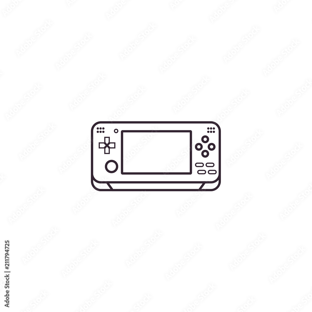 Handheld portable retro game console - vector sign, symbol, pictogram in outline design. Pocket gaming gadget - flat line icon on isolated background. Handheld portable retro game console - vector sign, symbol, pictogram in outline design. Pocket gaming gadget - flat line icon on isolated background.
