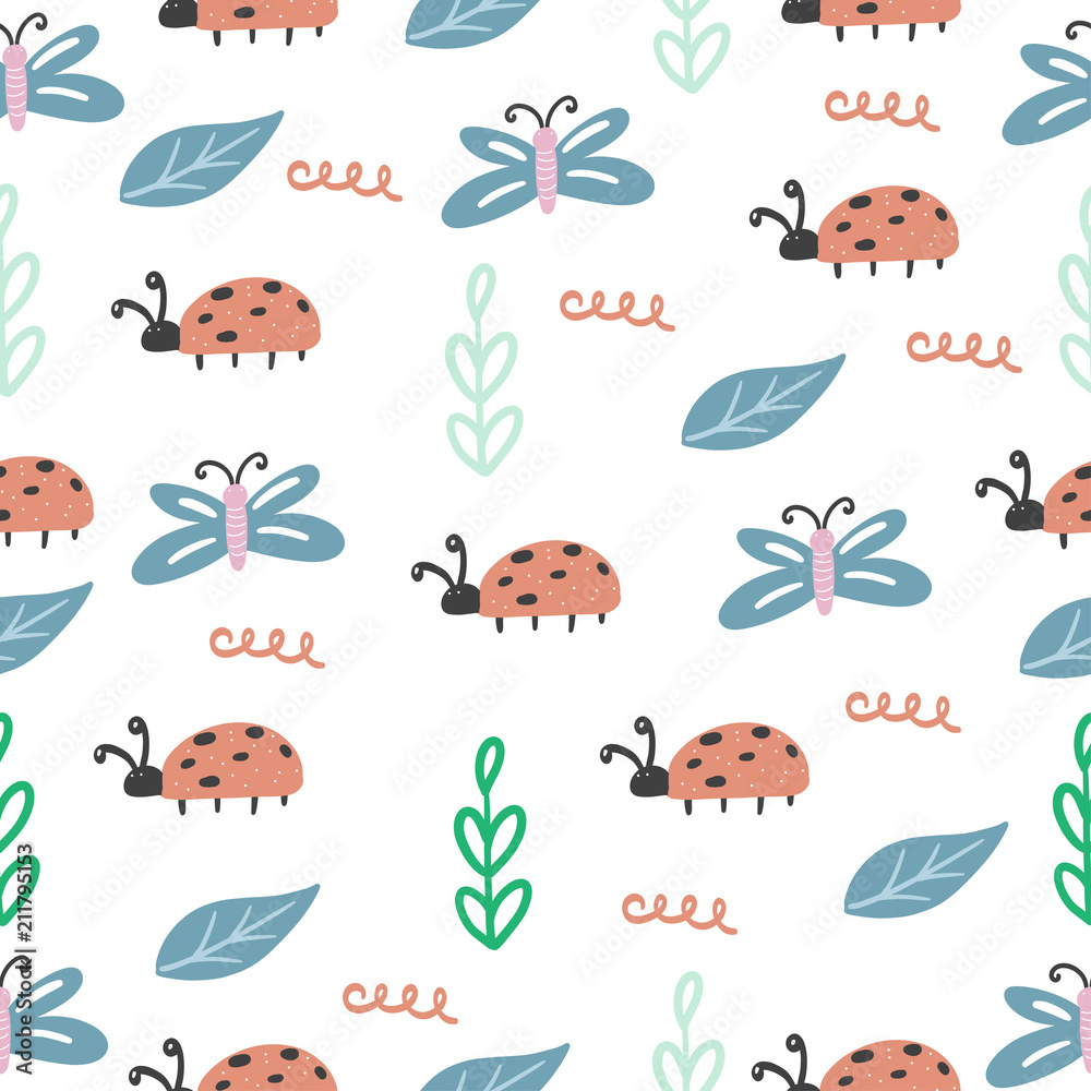 Fototapeta premium Seamless pattern. Cute animals and plants. Scandinavian style. Prints for clothes and postcards, for children. For your design.
