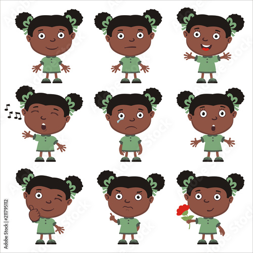 Collection of emoticons of funny girl in different poses isolated on white background.