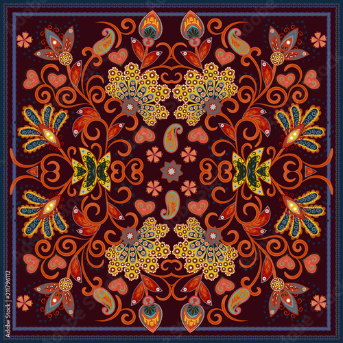 Lovely tablecloth ethnic indian flowers. Beautiful vector ornament. Card, bandana print, kerchief design, napkin. Pastel pink blue beige ornate pattern on white. Ready for print.