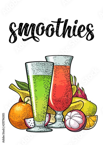 Set tropical fruits and glass with juice. Vector color engraving