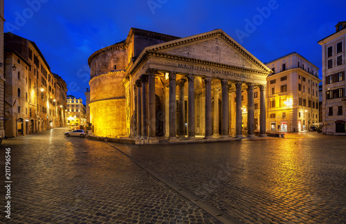 Pantheon at dawn in Rome  Italy. Temple of all the gods. Former Roman temple  now church  in Rome. Piazza della Rotonda.