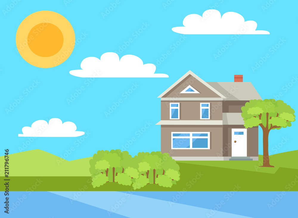 Three Storey House in Rural Countryside Vector