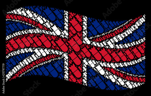 Waving United Kingdom official flag on a black background. Vector aviation bomb design elements are grouped into mosaic Great Britain flag collage.