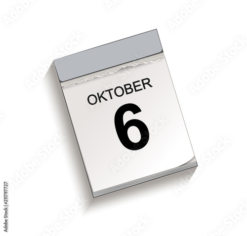 Kalender, Abreißkalender mit Datum 6 Oktober 
Vektor Illustration isoliert auf weißem Hintergrund