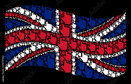 Waving UK flag on a black background. Vector pointer finger pictograms are formed into conceptual Great Britain flag abstraction. Patriotic collage constructed of pointer finger pictograms. photo