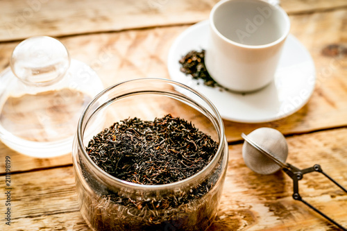 Tea set on the wooden table