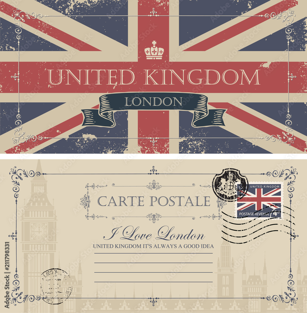 Obraz premium Retro pocztówka z flagą Wielkiej Brytanii i Big Benem w Londynie. Wektor pocztówka w stylu vintage ze słowami kocham Londyn, miejsce na tekst i pieczątka w formie herbu królewskiego