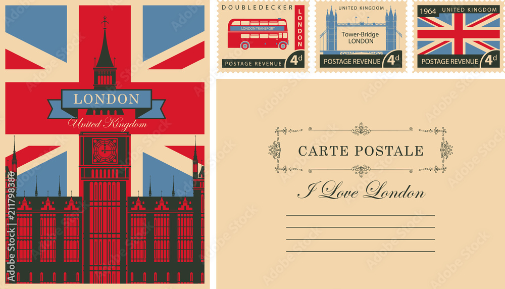 Obraz premium Retro pocztówka z brytyjską flagą i Big Benem w Londynie iz brytyjskimi znaczkami pocztowymi. Wektor zestaw znaczków pocztowych i pocztówka w stylu vintage ze słowami kocham Londyn i miejsce na tekst