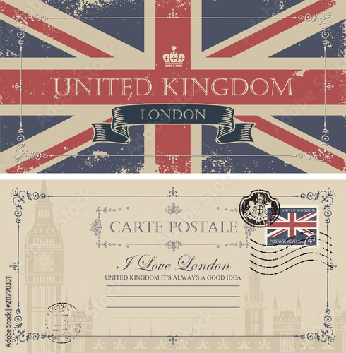 Retro postcard with UK flag and Big Ben in London. Vector postcard in vintage style with words I love London, place for text and rubber stamp in form of royal coat of arms