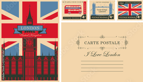 Retro postcard with british flag and Big Ben in London and with UK postmarks. Vector set of postage stamps and postcard in vintage style with words I love London and place for text