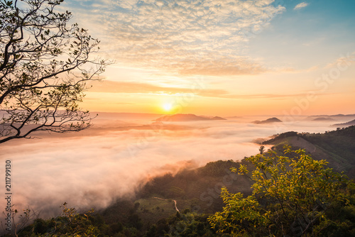 Sunrise and the mist in winter morning