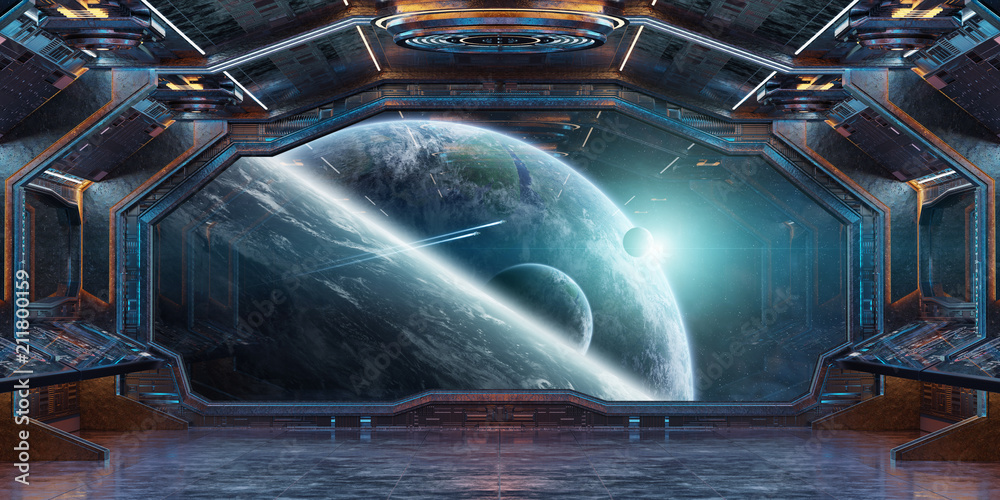 Naklejka premium Grunge wnętrza statku kosmicznego z widokiem na planecie Ziemia renderowania 3D