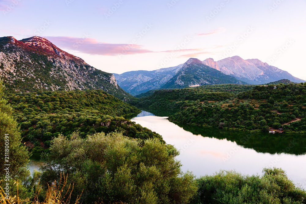 River Cedrino landscape view with mountains on the sunset