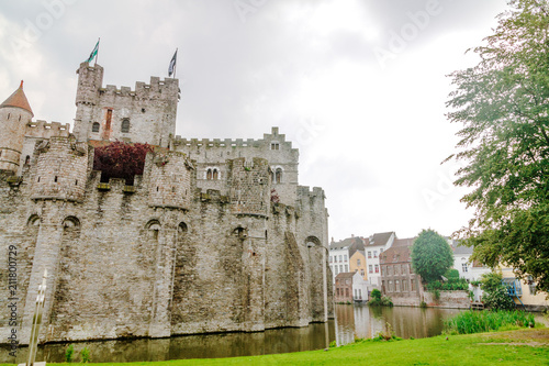 moat with water in front of the castle, Ghent Belgium