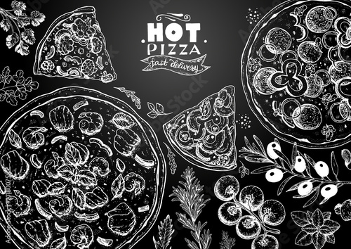 Italian pizza and ingredients top view frame. Italian food menu design template. Vintage hand drawn sketch, vector illustration. Engraved style illustration. Pizza label for menu.