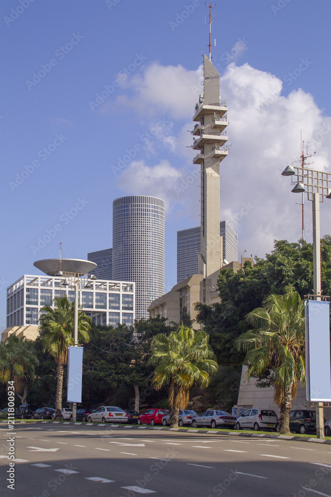 Naklejka premium City Center Modern Buildings view from King Saul Avenue .Sunny September Day in Tel Aviv.Israel