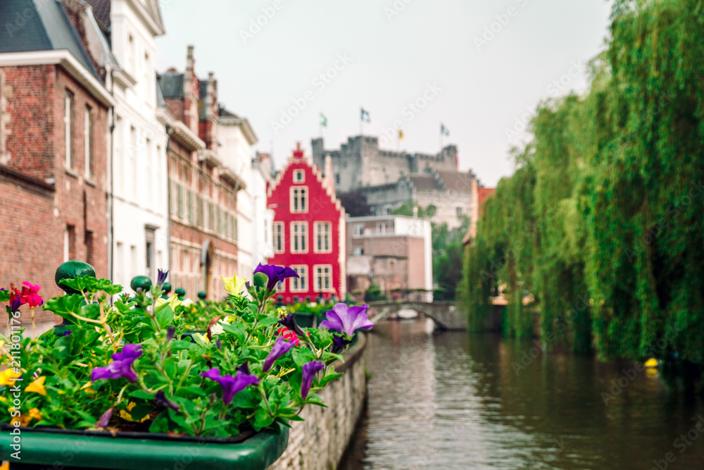 canals and streets of the ancient medieval district of Ghent, Belgium